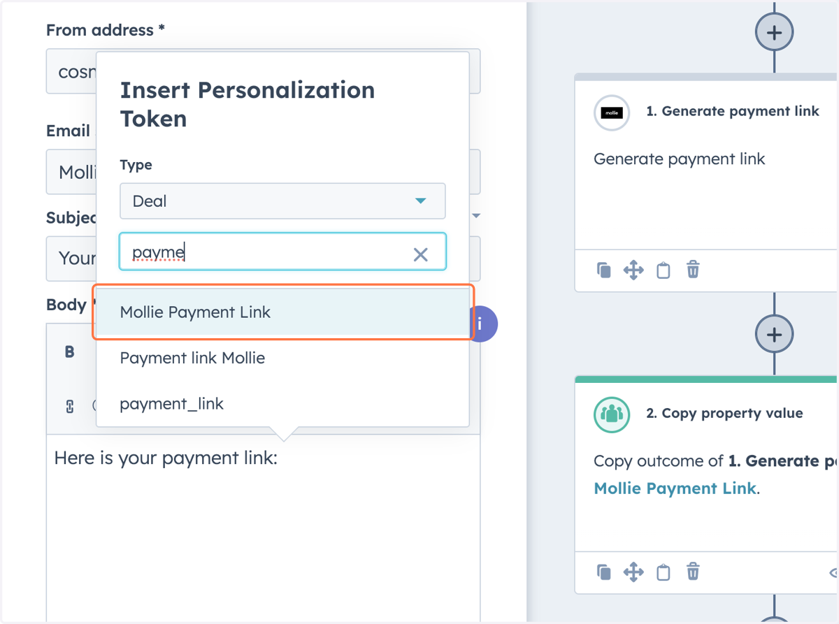 Search for Mollie Payment Link property (the property you copied the action to)