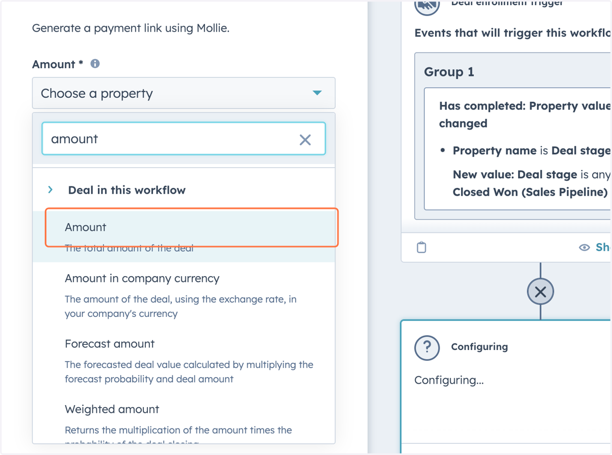 Select a number property to be used as deal amount