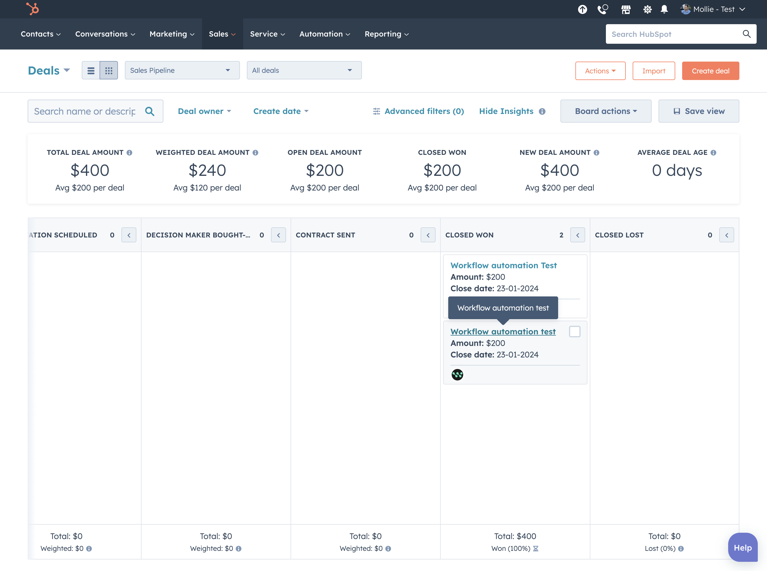 Click on Workflow automation test