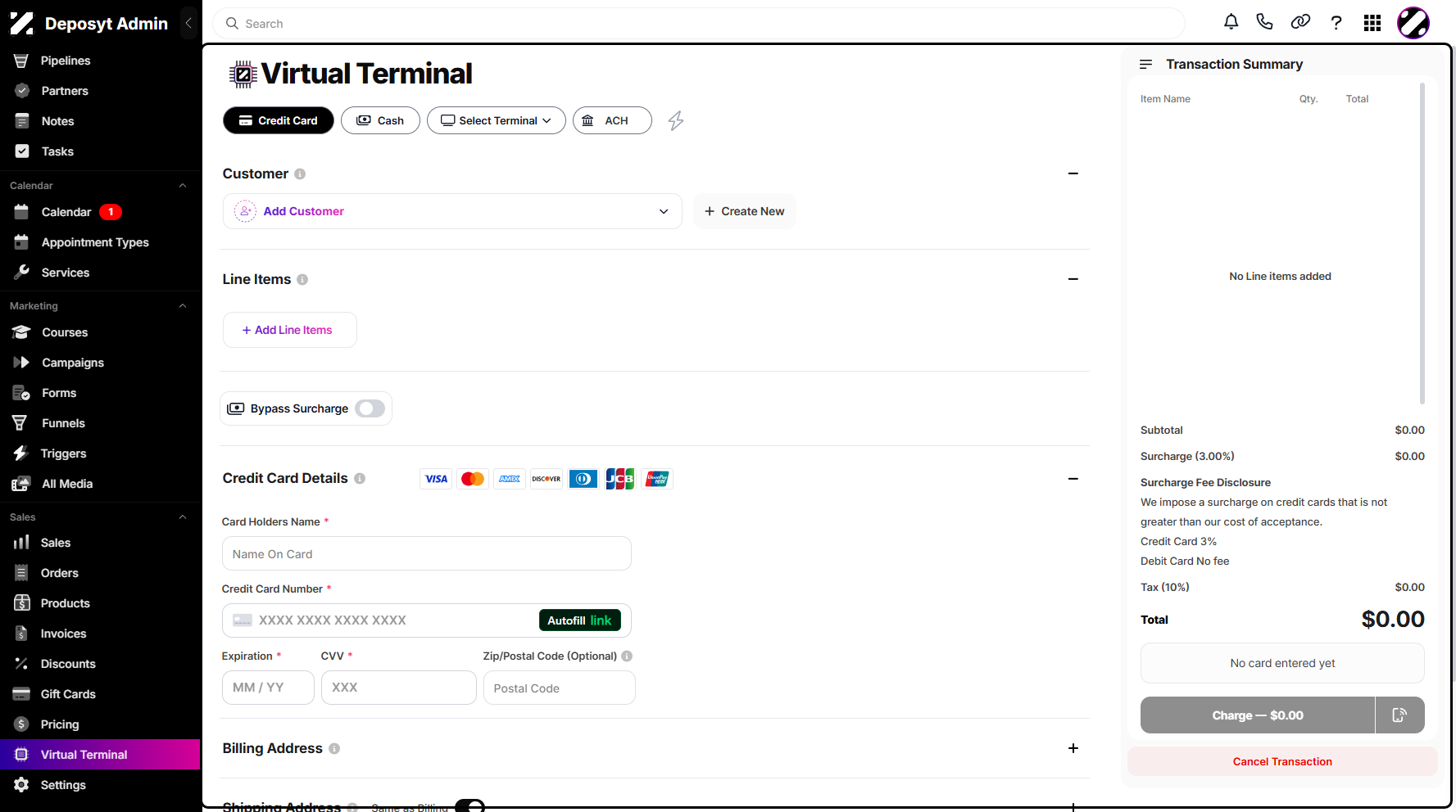 Step 2: You will then be navigated to the Virtual Terminal tab.
