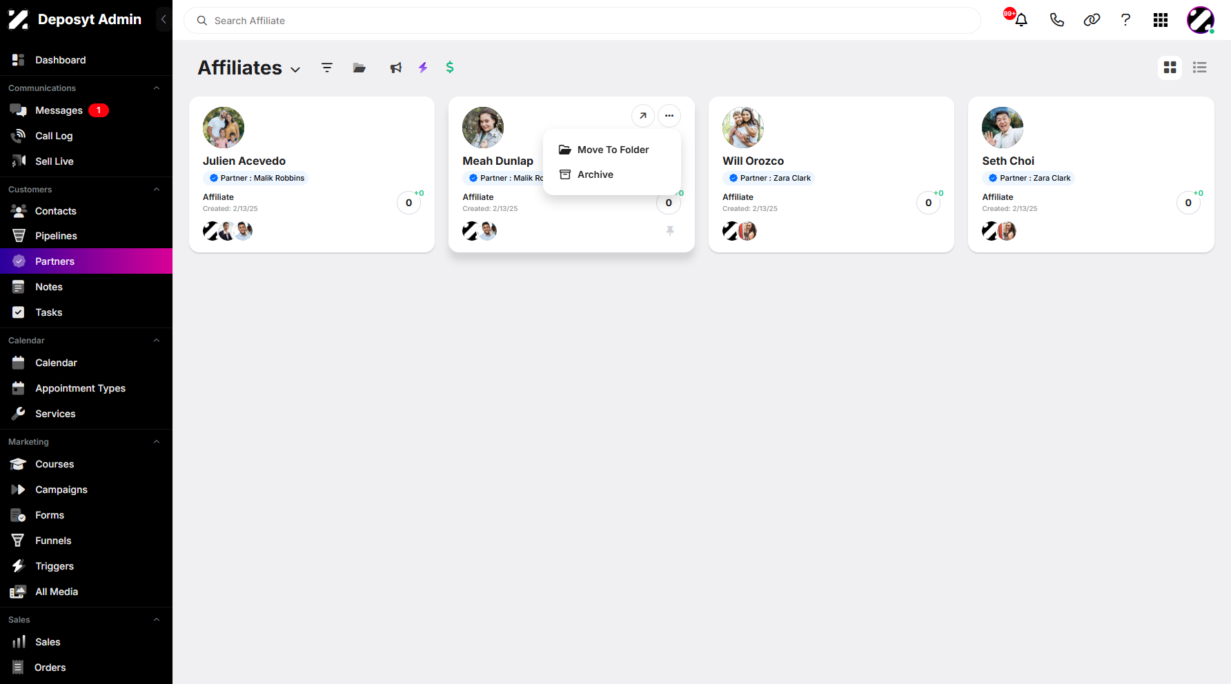 Step 3: Select an affiliate, then click the three-dot menu. A pop-up window will appear, allowing you to move the selected affiliate to a folder. You can also choose to archive the affiliate.