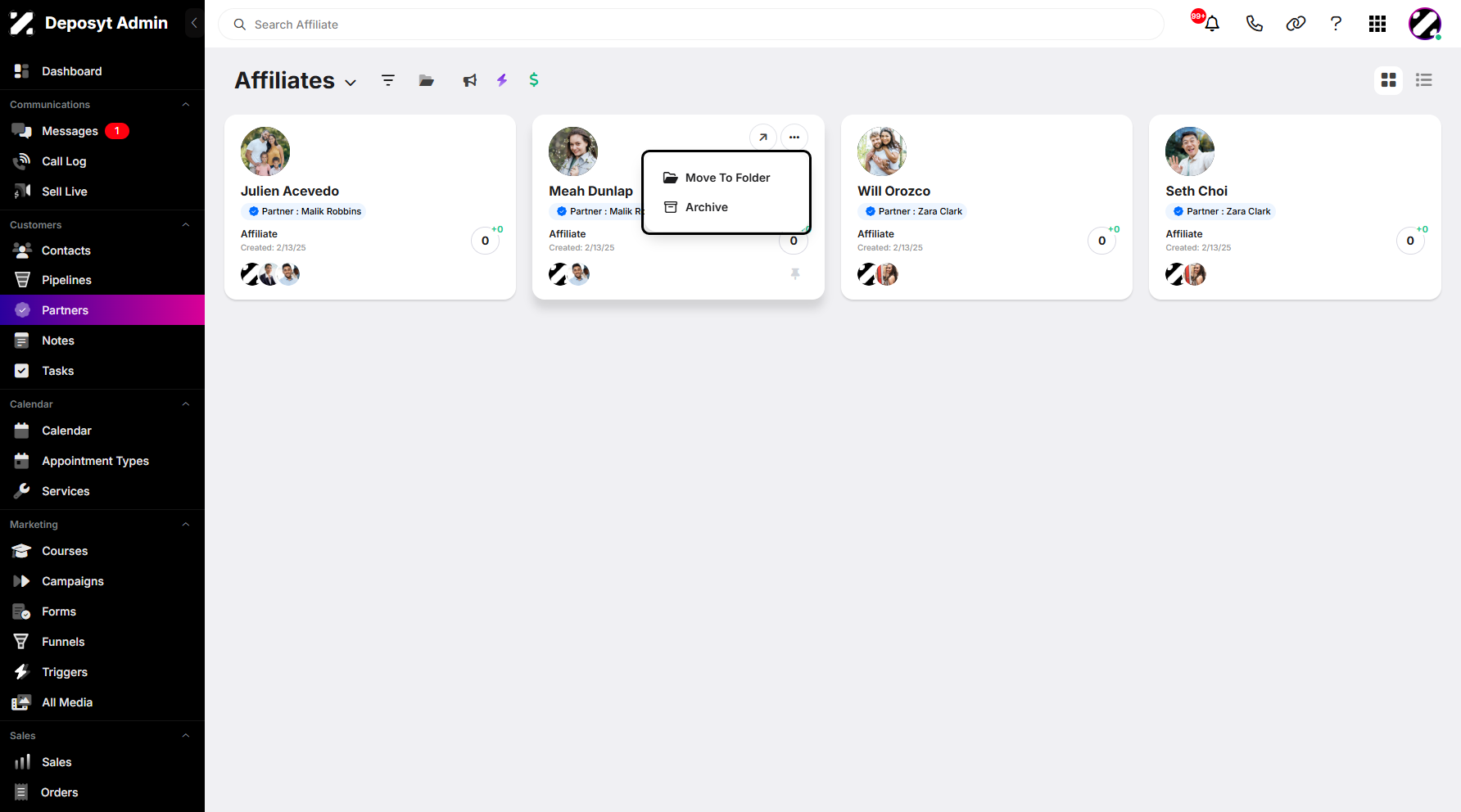 Step 3: Select an affiliate, then click the three-dot menu. A pop-up window will appear, allowing you to move the selected affiliate to a folder. You can also choose to archive the affiliate.