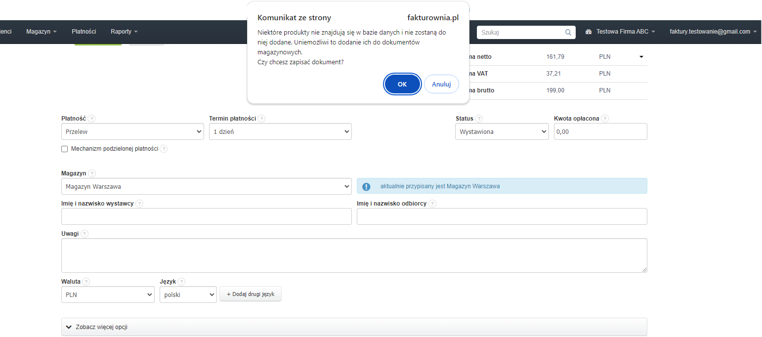 Jeśli odznaczysz checkbox przy opcji 'Dodaj produkt do bazy', a na koncie aktywna jest obsługa magazynowa, system wyświetli komunikat wskazujący, że dla tego produktu nie będzie możliwości utworzenia dokumentów magazynowych.