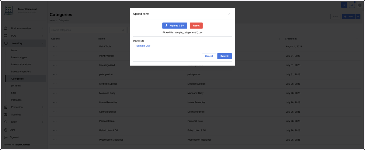 Select "sample_categories (1).csv" from file upload menu