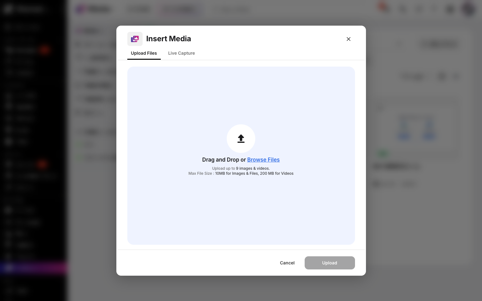 Step 4: A pop-up modal will appear where you can drag and drop files or browse your computer to select a file for upload.