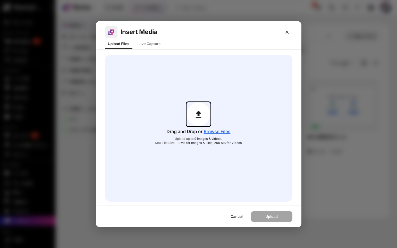 Step 4: A pop-up modal will appear where you can drag and drop files or browse your computer to select a file for upload.