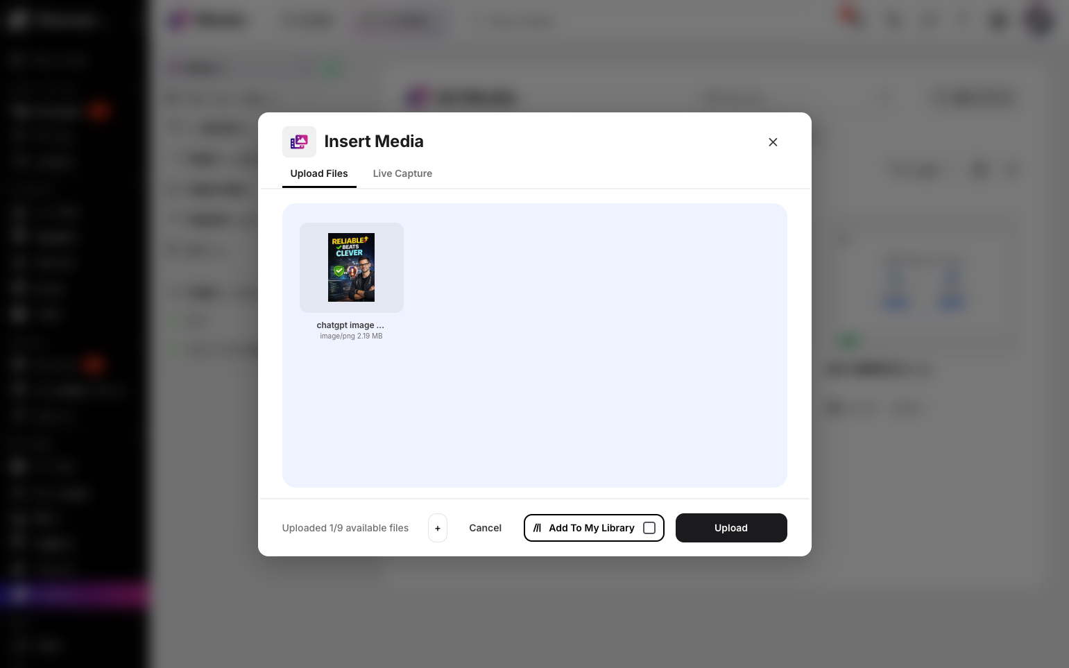Step 5: Once you’ve selected your files, you can add them to your library. You can upload up to 9 files at a time, then click the Upload button.