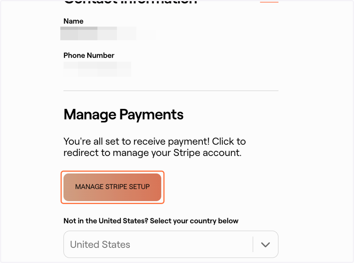 Click on MANAGE STRIPE SETUP