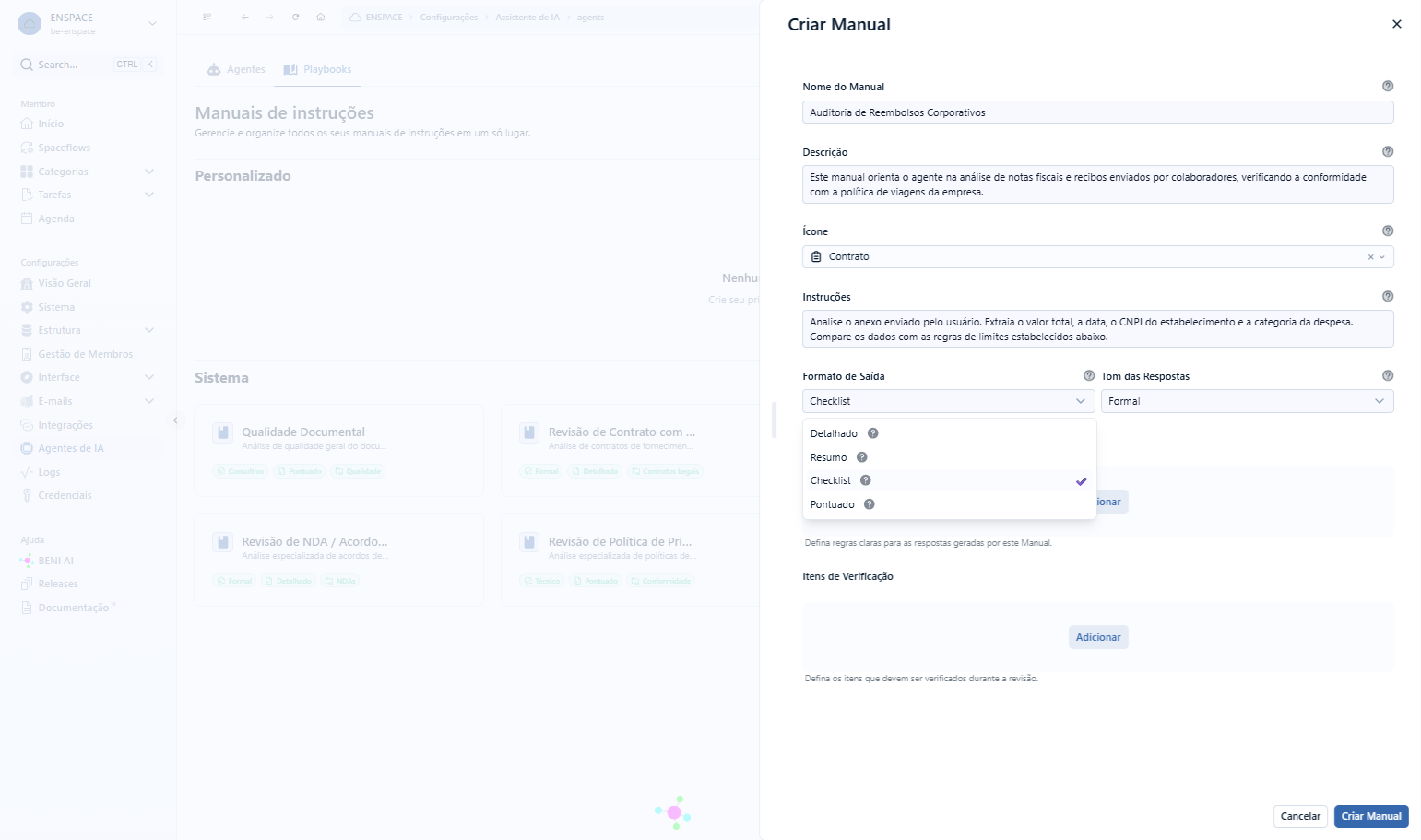 No campo Formato de Saída, indique o modo como quer que o Agente responda às revisões que fizer utilizando este manual. No nosso exemplo, usaremos Checklis