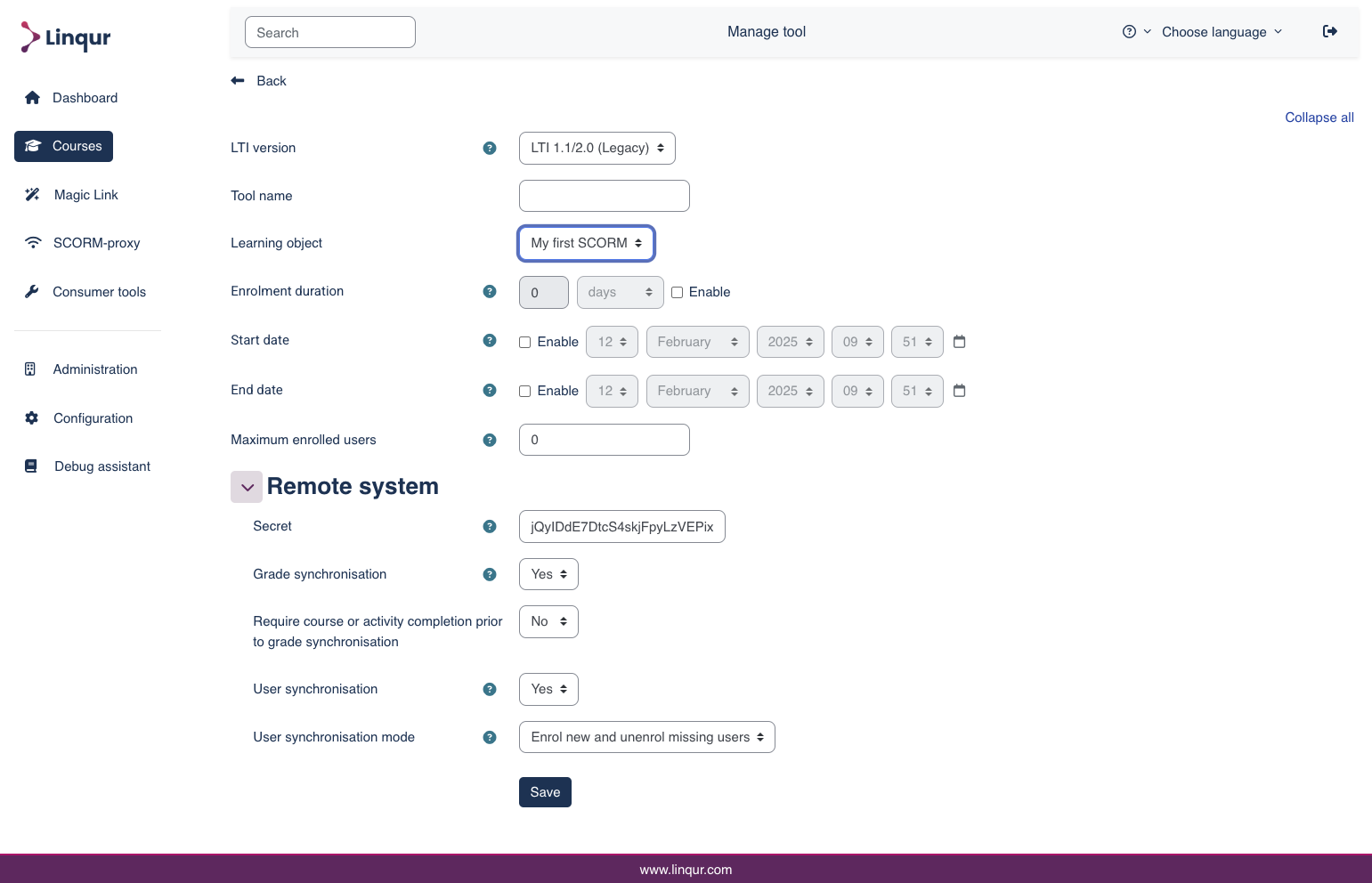 Select your SCORM-package from the Learning object dropdown