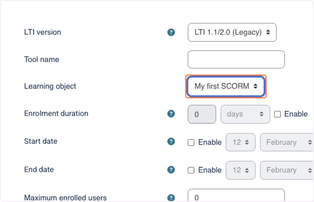 Select your SCORM-package from the Learning object dropdown