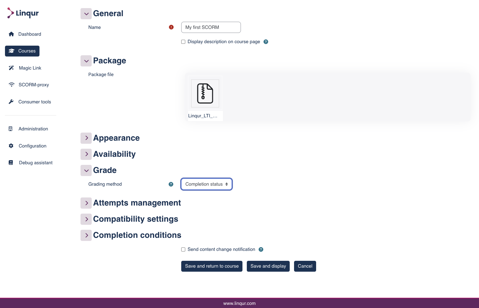Select your desired grading method from the dropdown menu. A SCORM can be graded based on Completion status or grade.