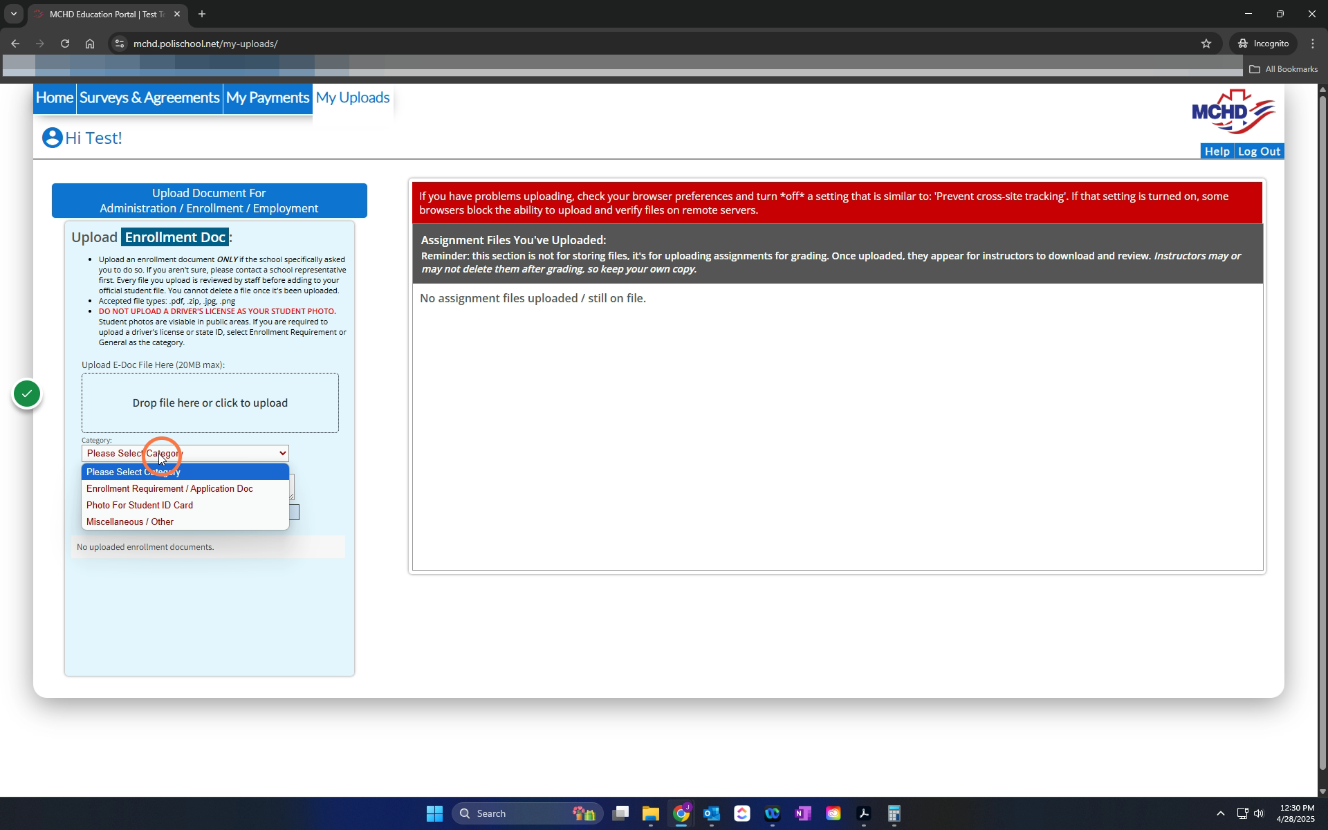 Select "Enrollment Requirement/Application Doc"