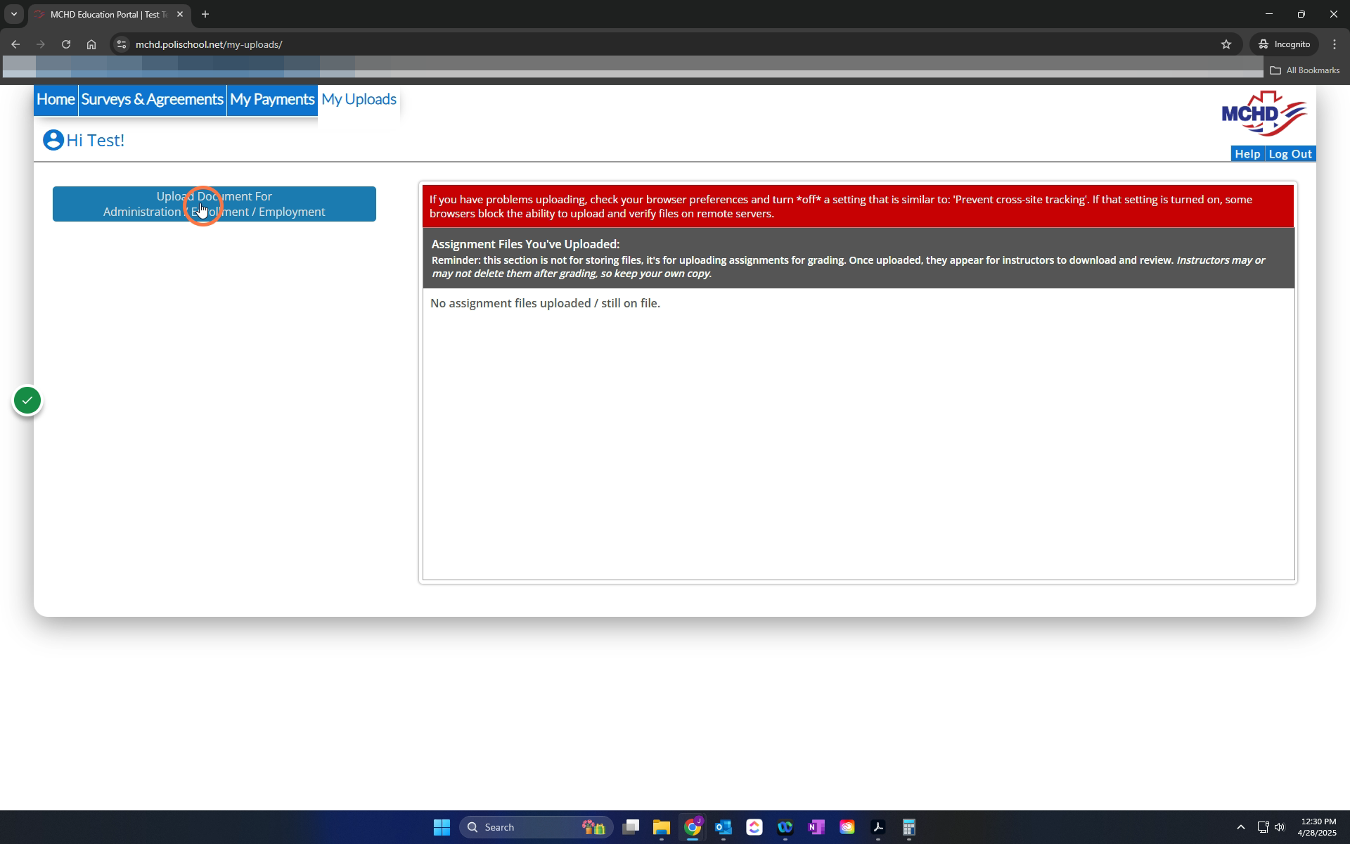 Select "Upload Document for Administration/Enrollment/Employment