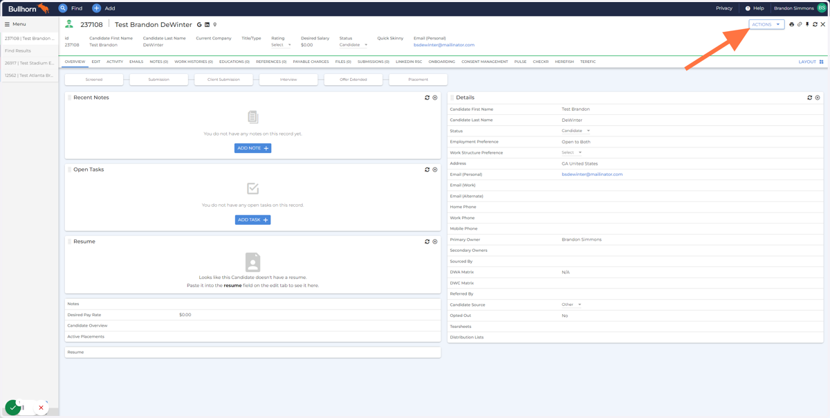 Desker: Navigate to the Candidate Record and Click on the "ACTIONS" menu