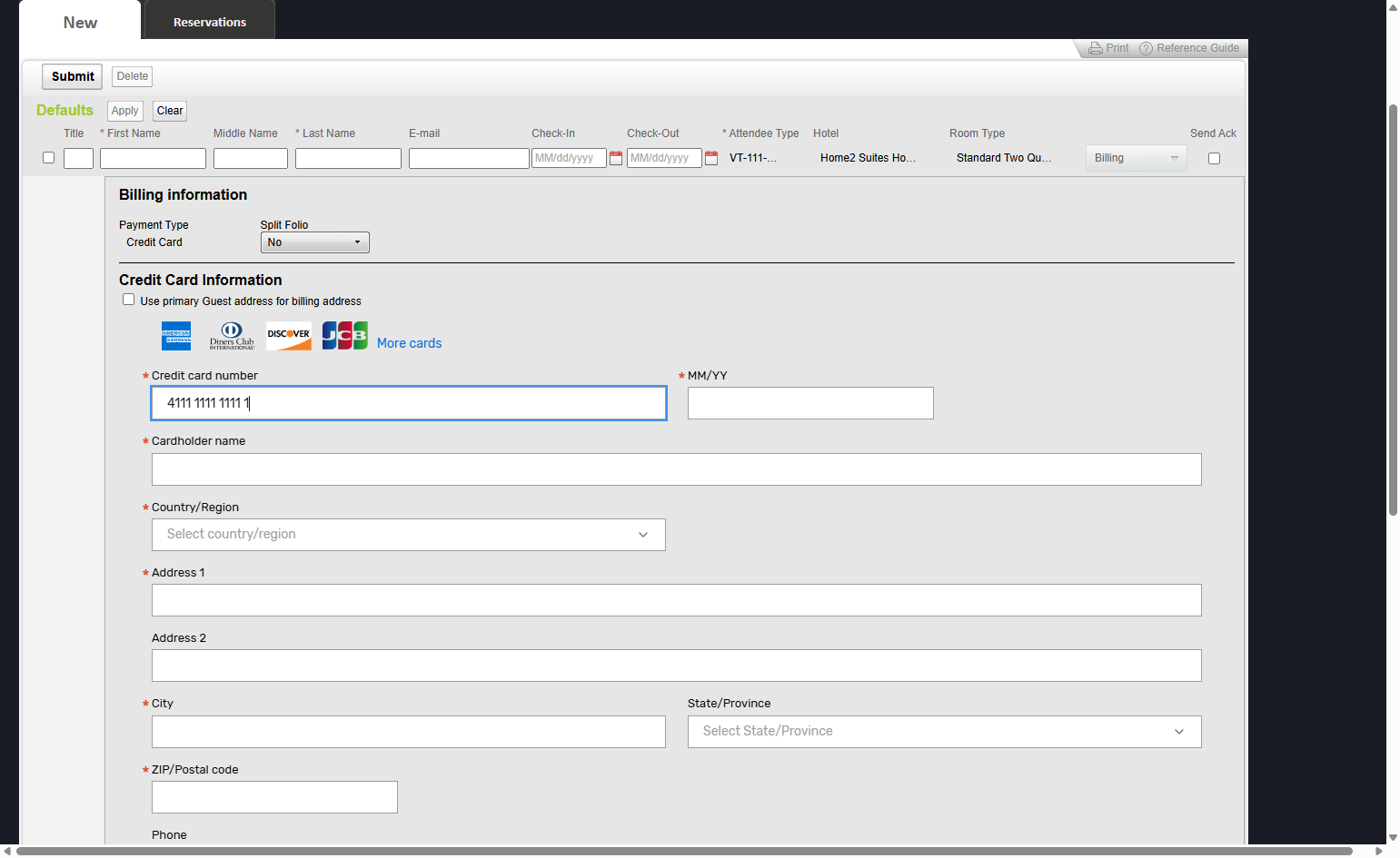 Enter credit card number. This card will now go on file for all reservations noted in the rows below.
