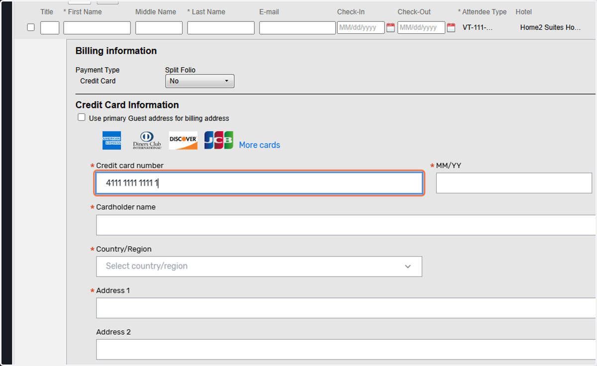 Enter credit card number. This card will now go on file for all reservations noted in the rows below.