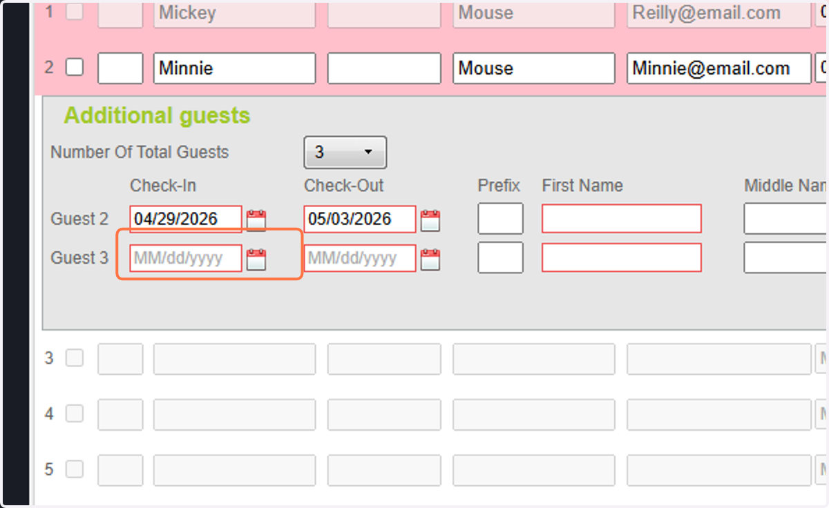 Continue the same steps for the remaining room occupants. Check-in date
