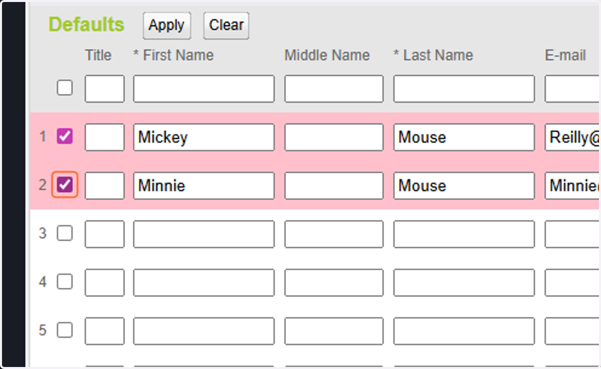 You MUST check the boxes next to each name you want to apply the contact and billing information to.