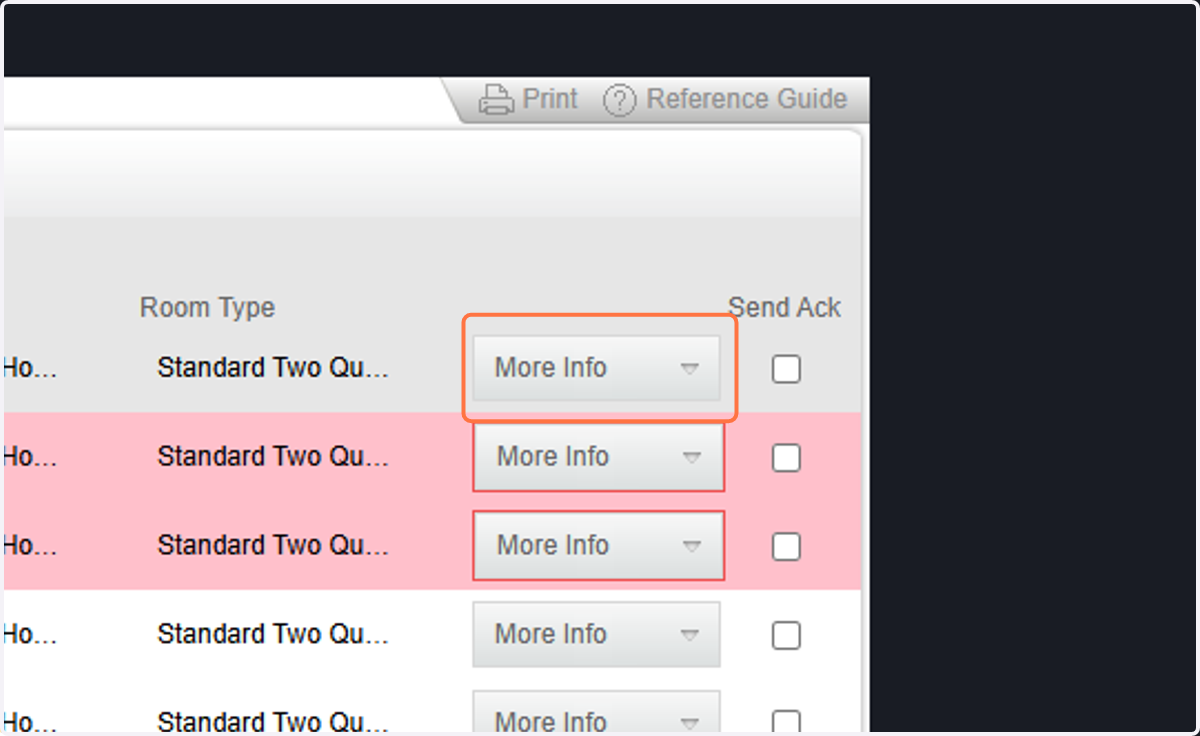 This light grey section is where you enter the contact and billing information (and any other information) that will apply to ALL ROOMS you filled in on the rows below. Begin by clicking on More Info.