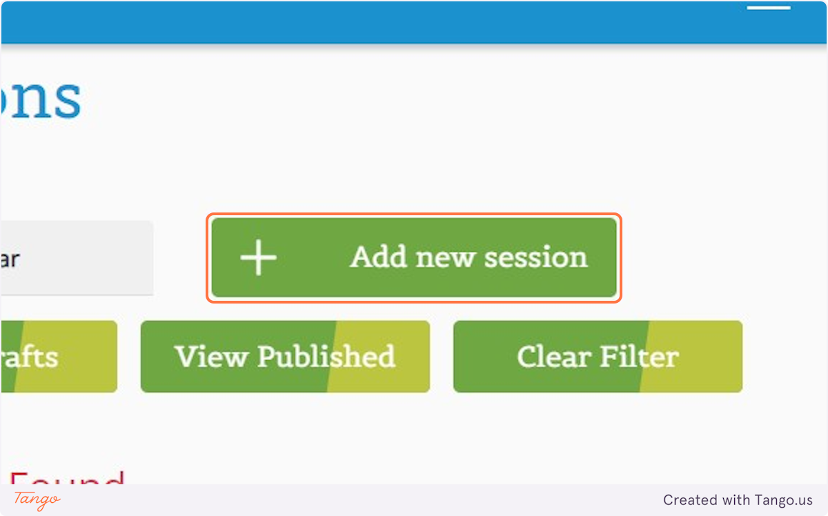 Screenshot of Open Sessions dashboard webpage with instructions 'Once logged in, click on 'Add new session''