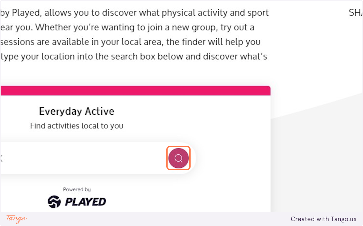 Screenshot of Activity Finder page with directions to 'Click on the search button to be taken to the main page'