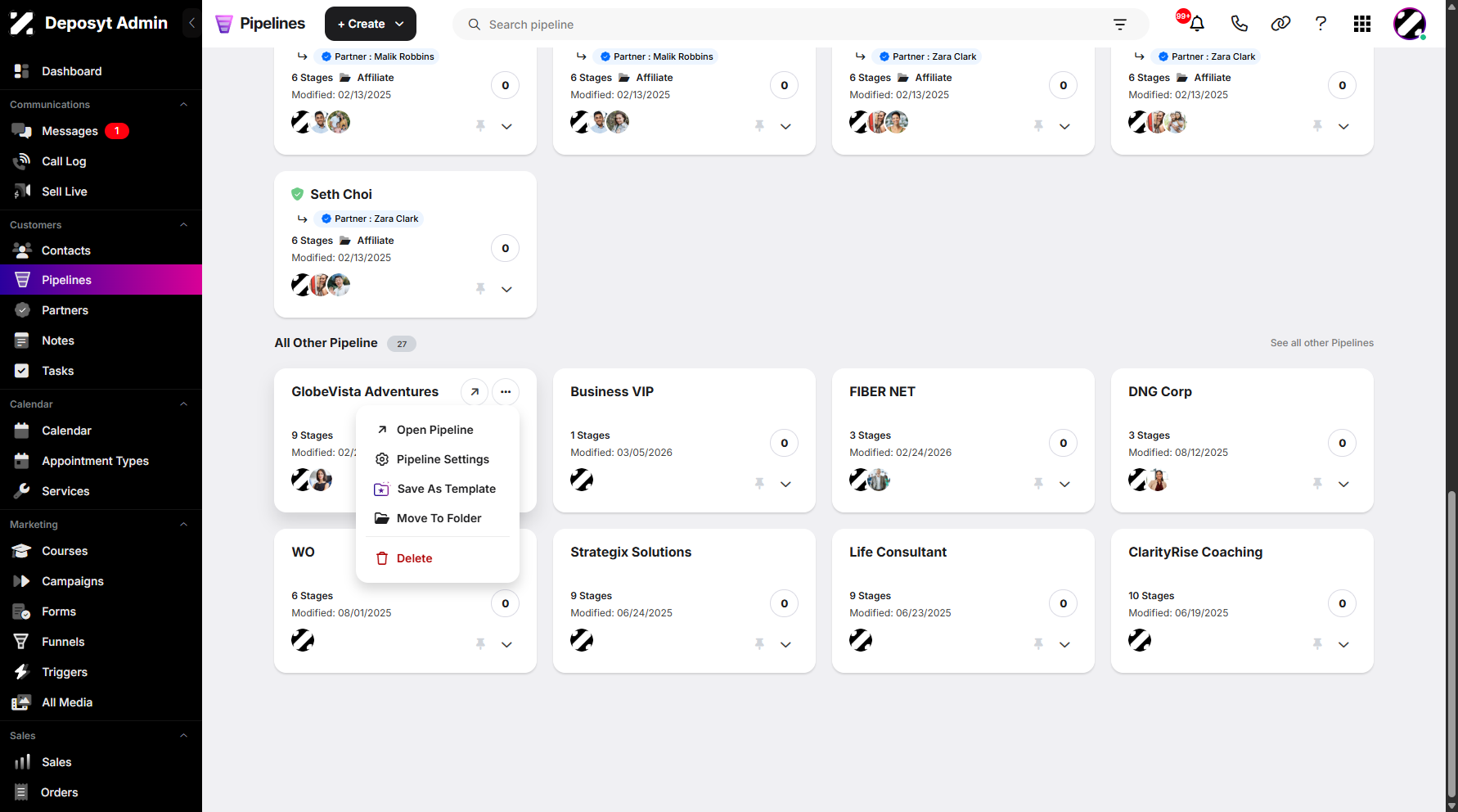 Step 4: A pop-up window will appear. From here, you can open the pipeline, to go pipeline settings. You can also save your pipeline as template for future use. A move to folder is available allowing you to move your selected pipeline to a folder and lastly a Delete option.