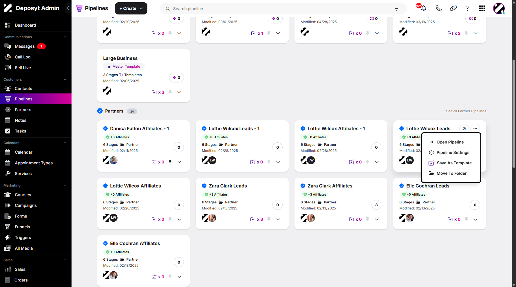 Step 5: Keep in mind that unlike the other pipelines, pipelines that associated with partners and affiliates can't be deleted within the three-dot menu.