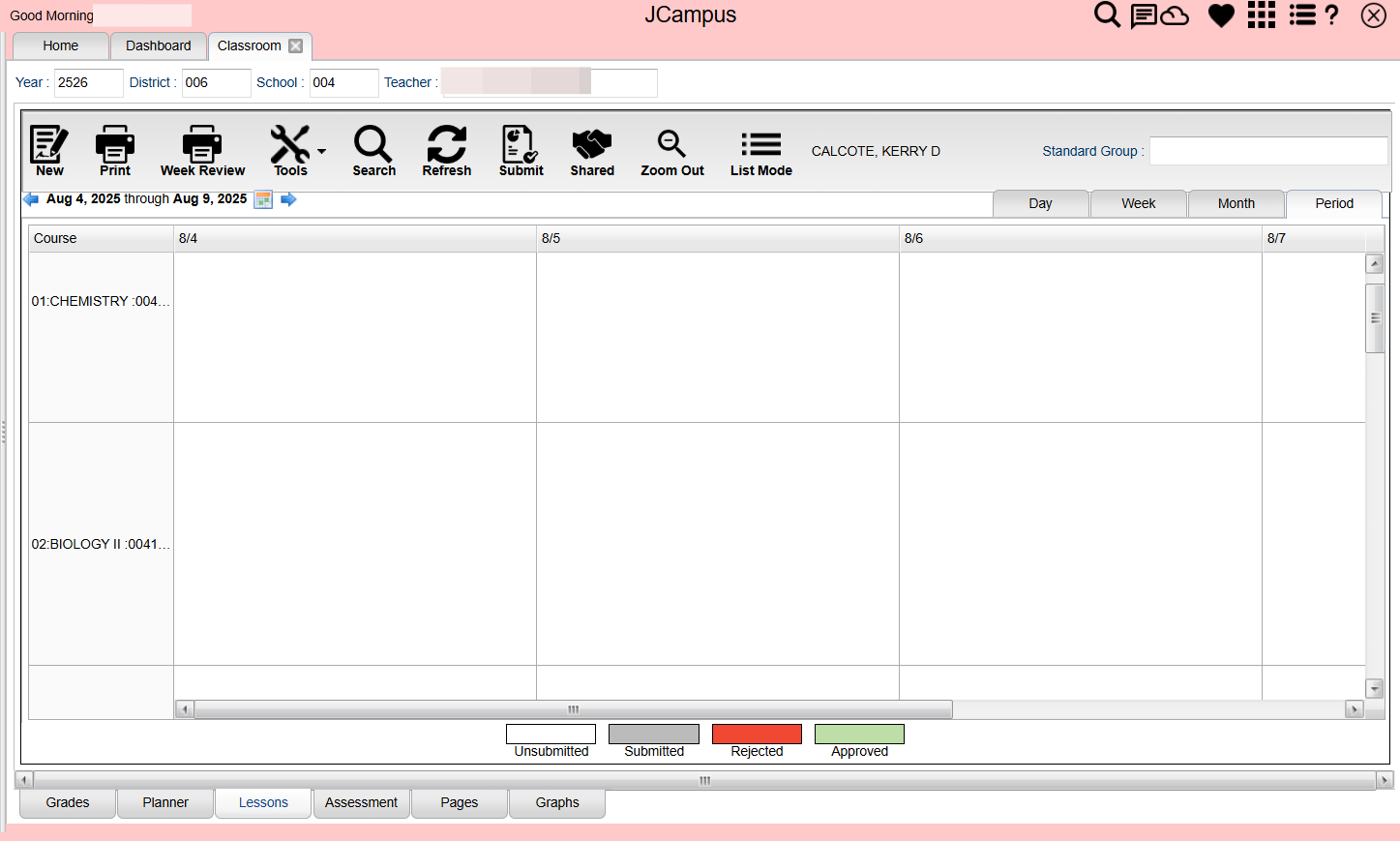 Click in the box matching the first date of your lesson.