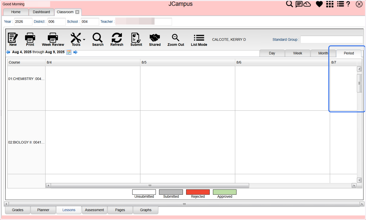 Click in the box matching the first date of your lesson.