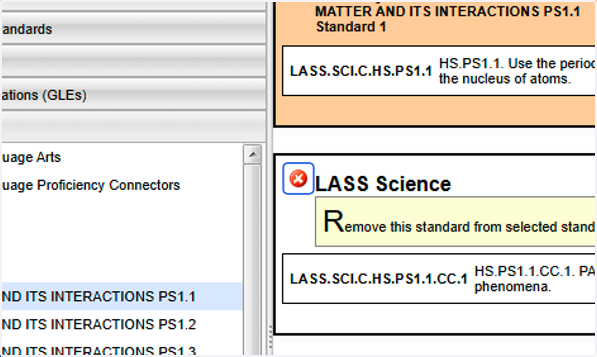Click on "+" to add selected standards. You may add all standards that apply to the lesson.
