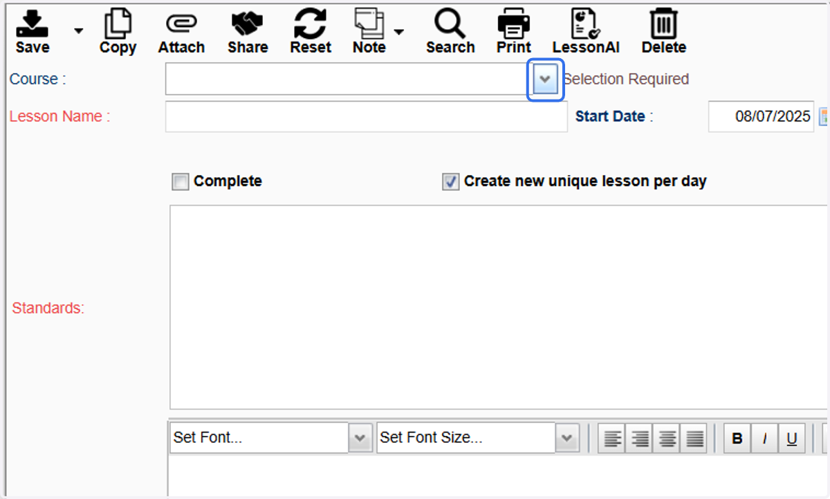 In the pop-up window, use the drop-down option to select the course.