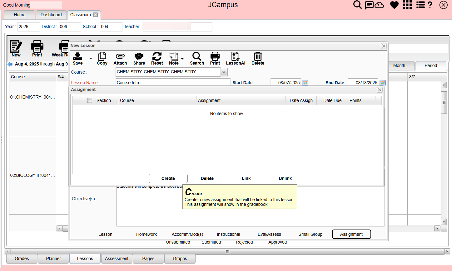 If you already have assignments in your gradebook, you can link them. If you would like to create a new assignment, click on Create.