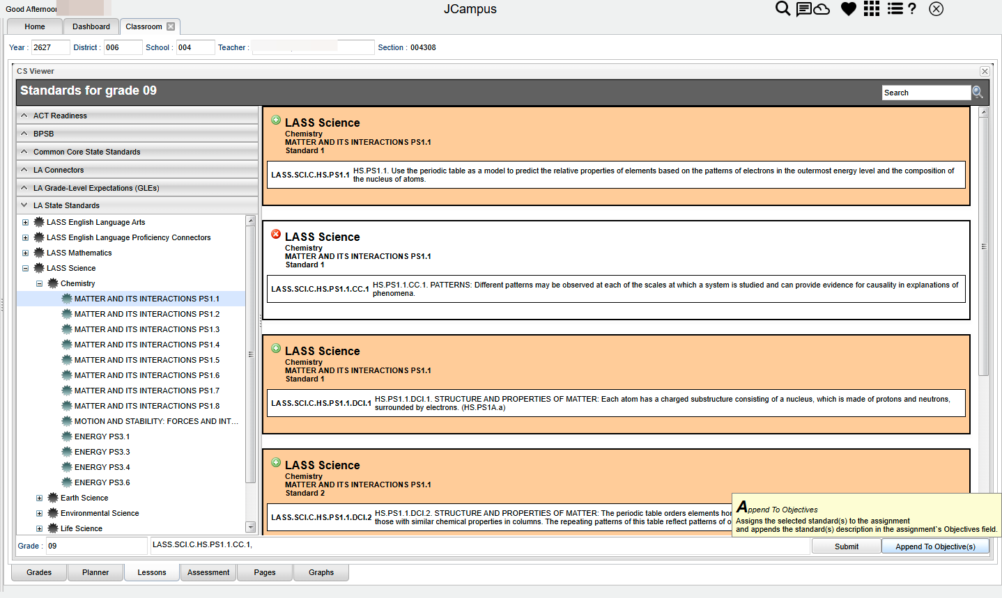 Click on Append To Objective(s) to add standards to the "Standards" and "Objectives" tab.