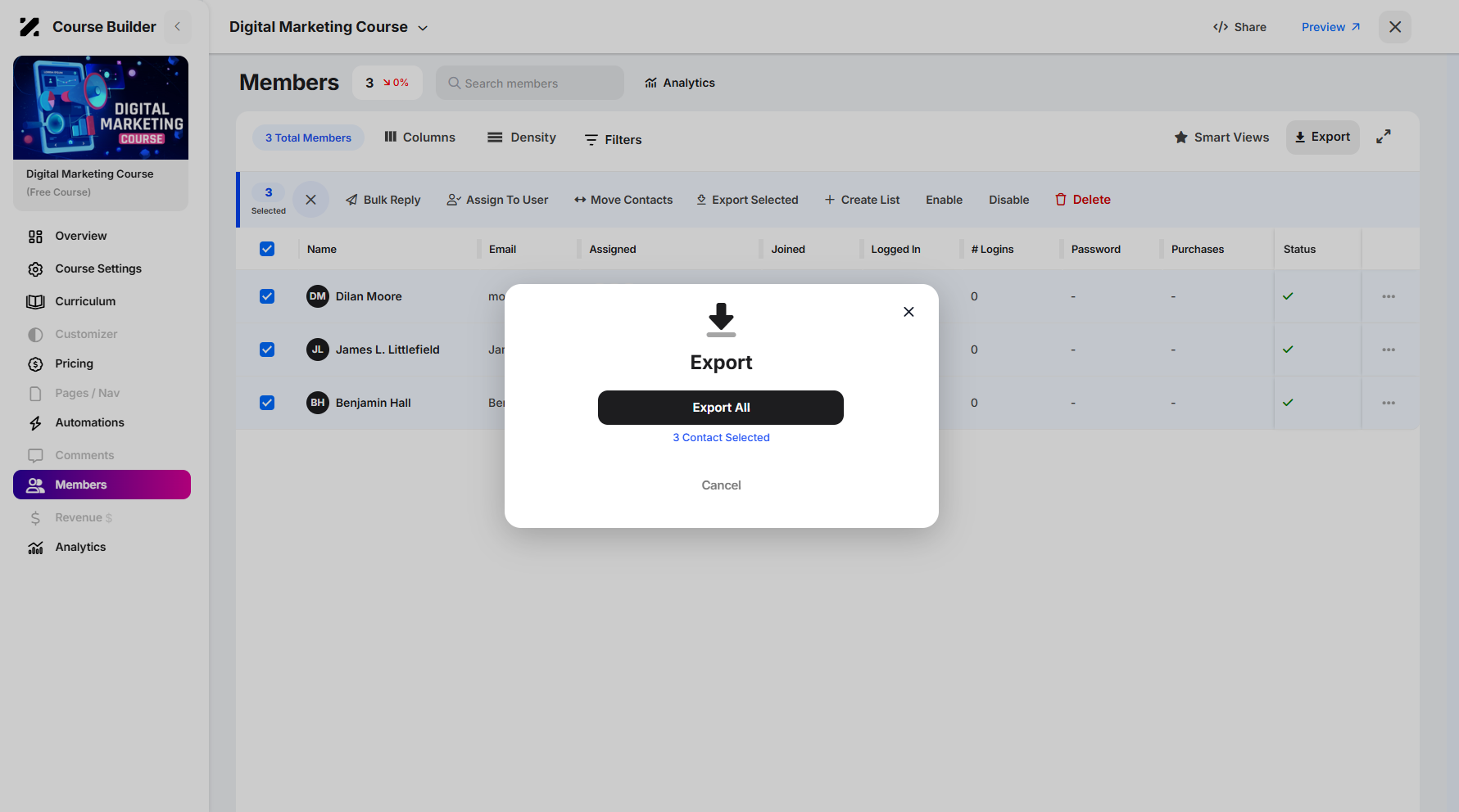 Step 10: A pop-up window will appear, showing the count of selected members. You can also cancel the export if you change your mind.