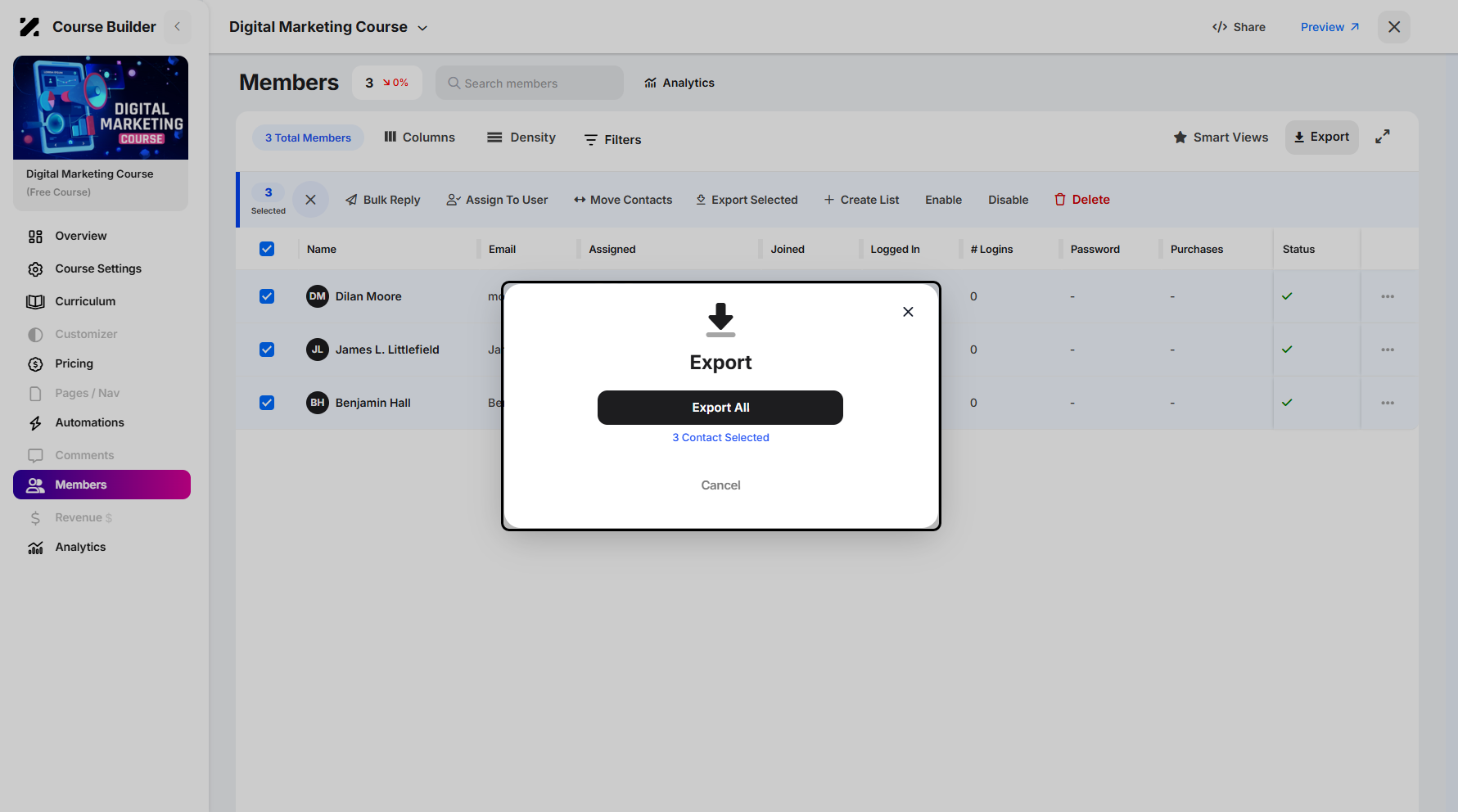 Step 10: A pop-up window will appear, showing the count of selected members. You can also cancel the export if you change your mind.