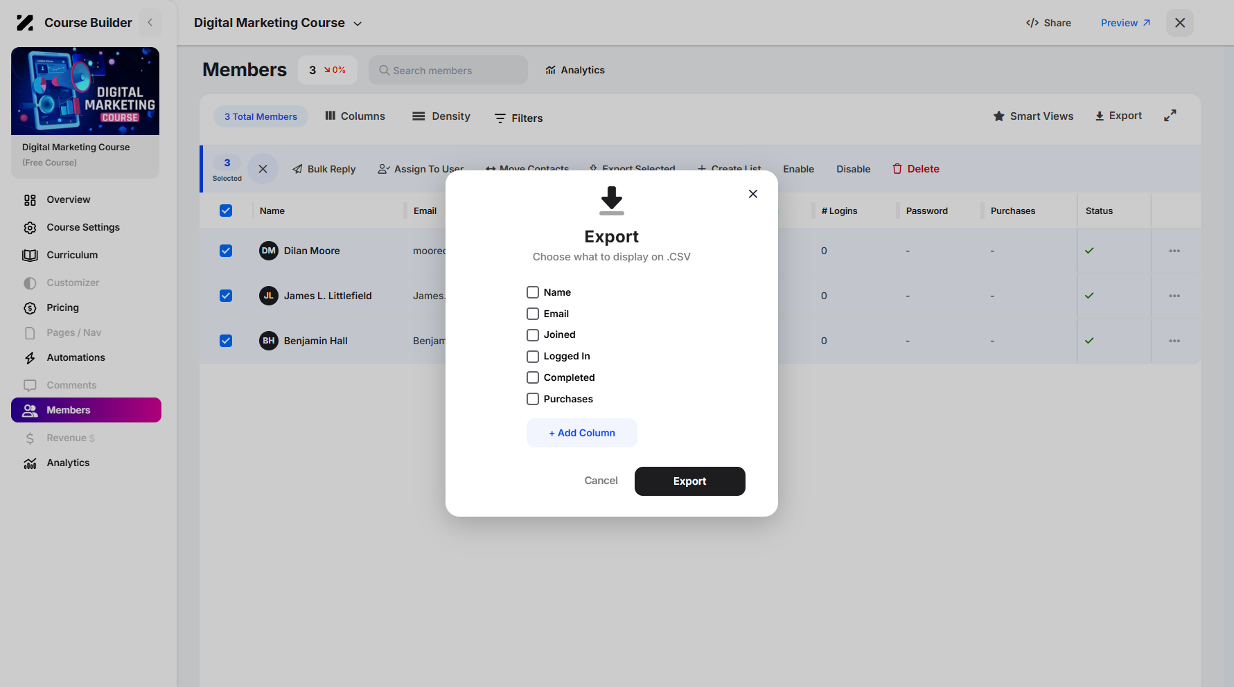 Step 7: A pop-up window will appear, prompting you to select the data fields you want to include in the CSV file.