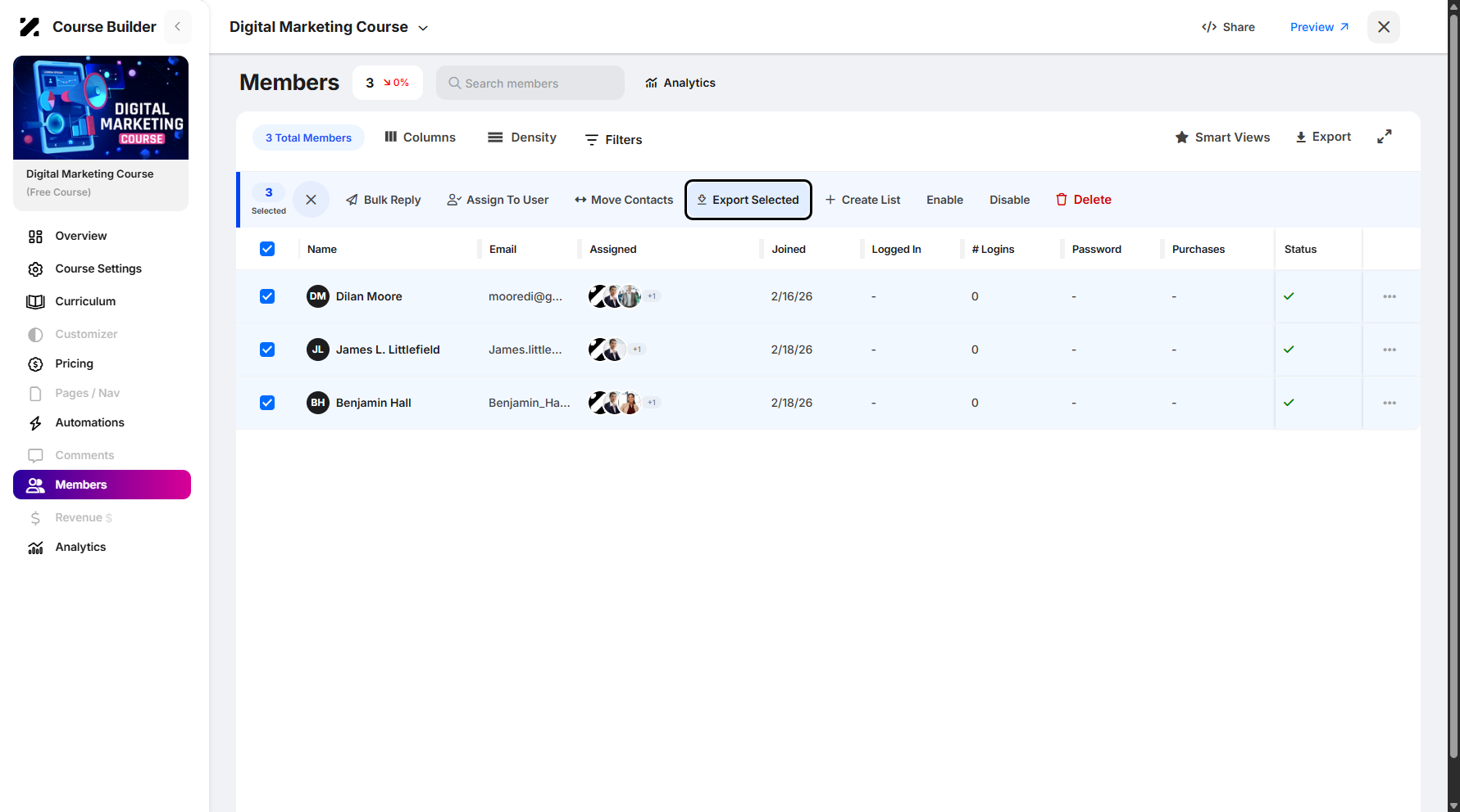 Step 6: The first button is through the bulk actions. Click Export Selected to proceed.