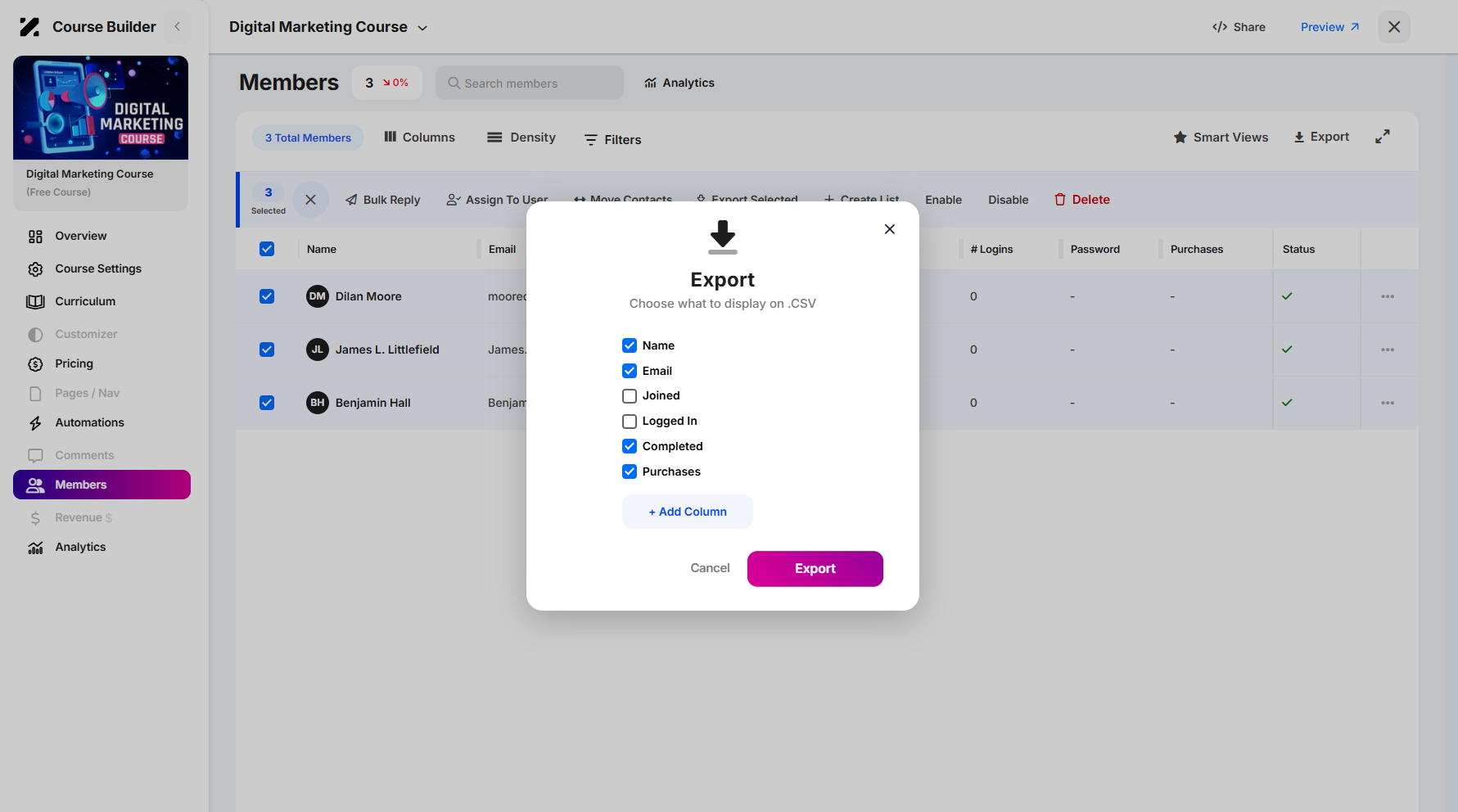 Step 8: Once you’ve made your selections, click Export to begin exporting. Your file browser window will appear, allowing you to choose where to save the downloaded CSV file.