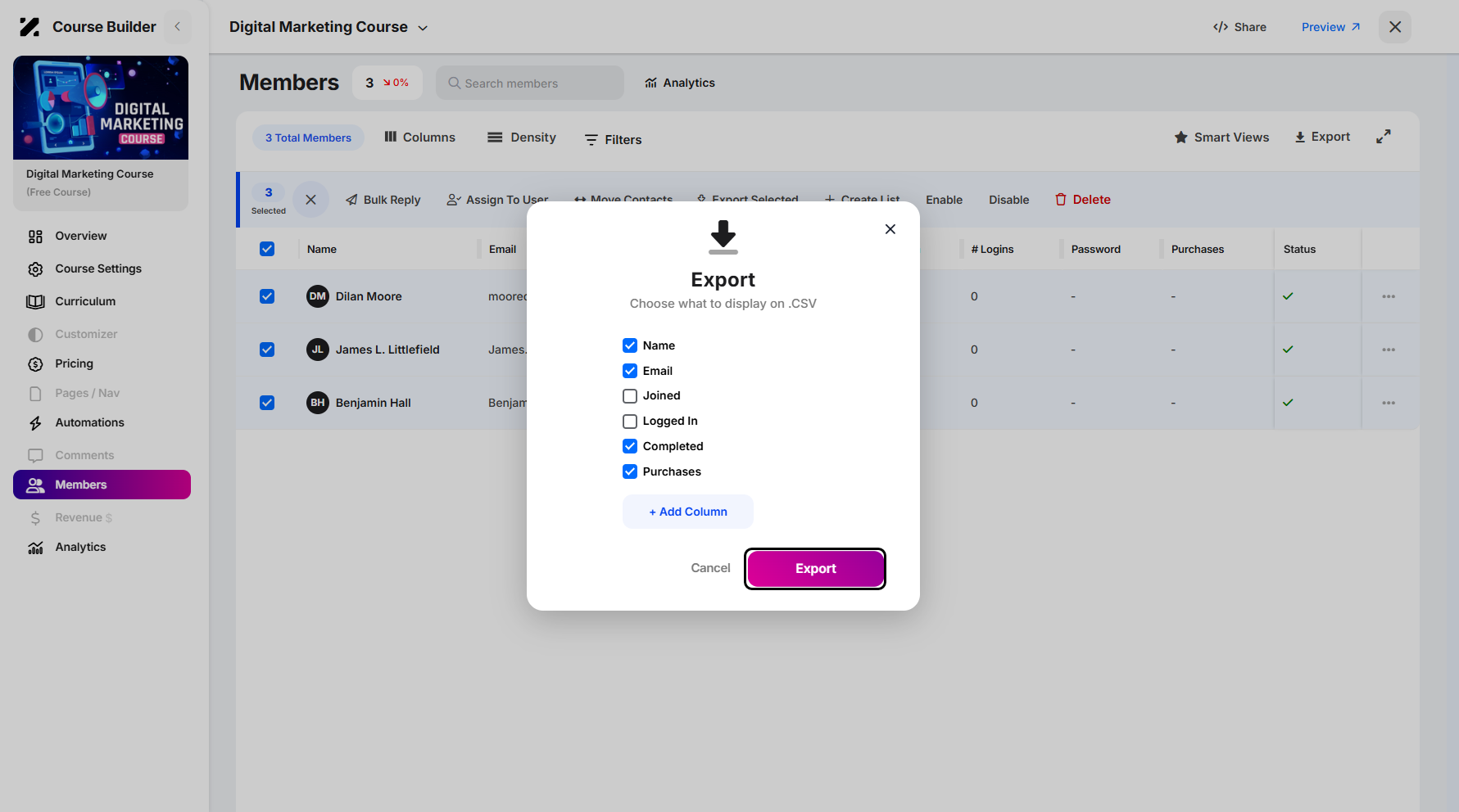 Step 8: Once you’ve made your selections, click Export to begin exporting. Your file browser window will appear, allowing you to choose where to save the downloaded CSV file.