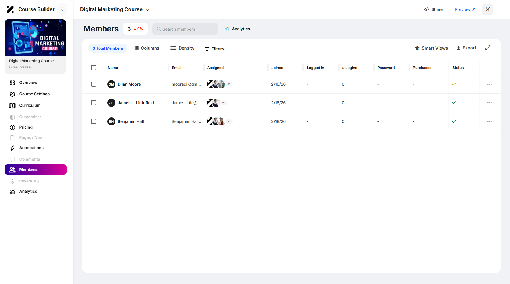 Step 4: You will then be navigated to the selected course’s Members page. There are two buttons you can click to export members, but you need to select members first.