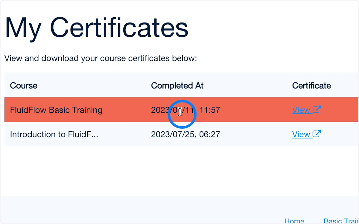 Select your course and click "View" to open your certificate