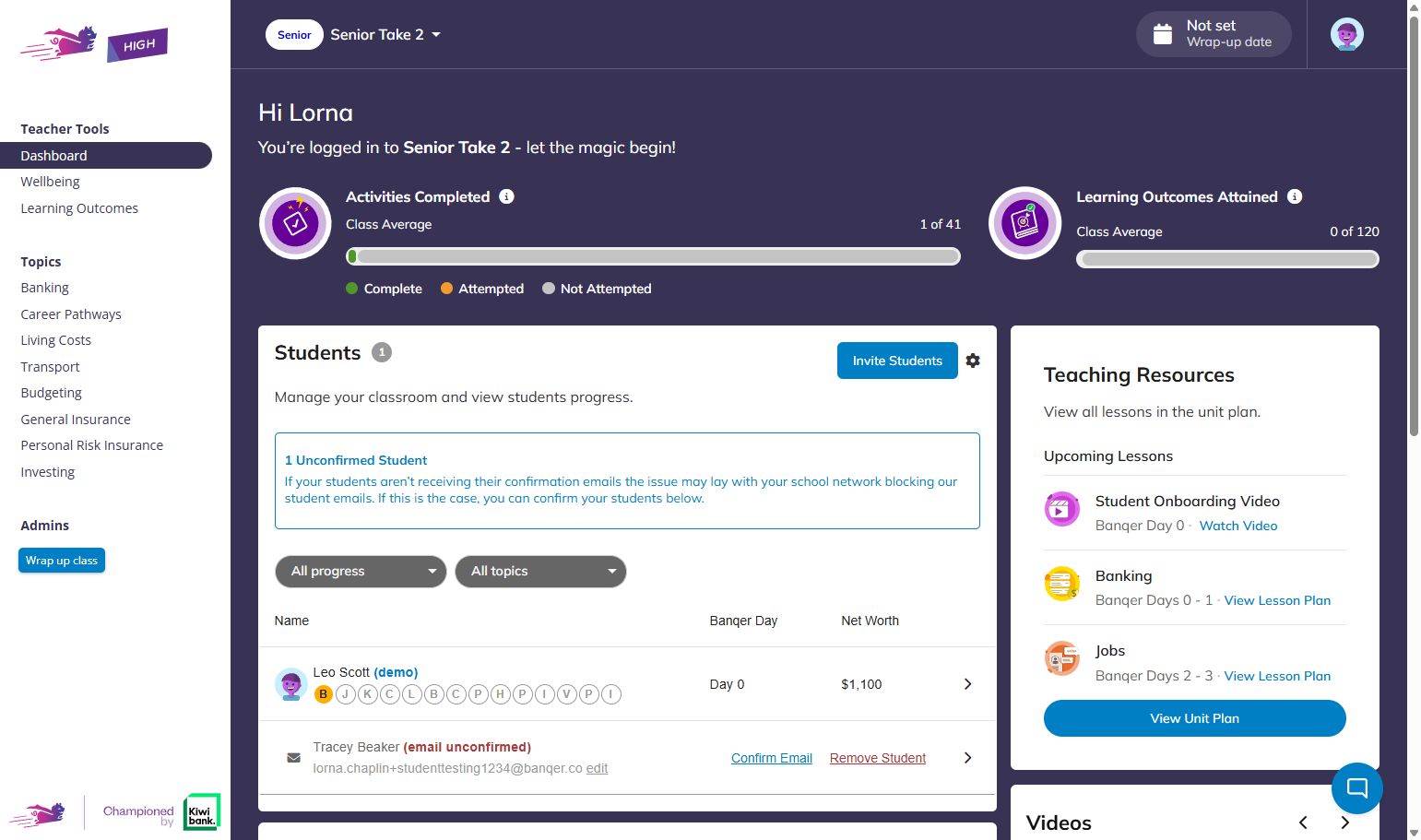 If you have students who haven't been able to confirm their emails in Banqer, you will see a message like this at the top of your student list.