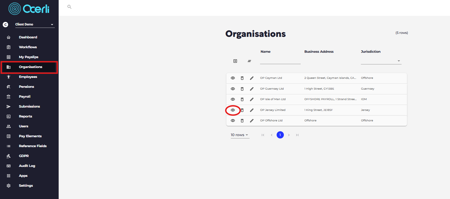 Click view on the required organisation
