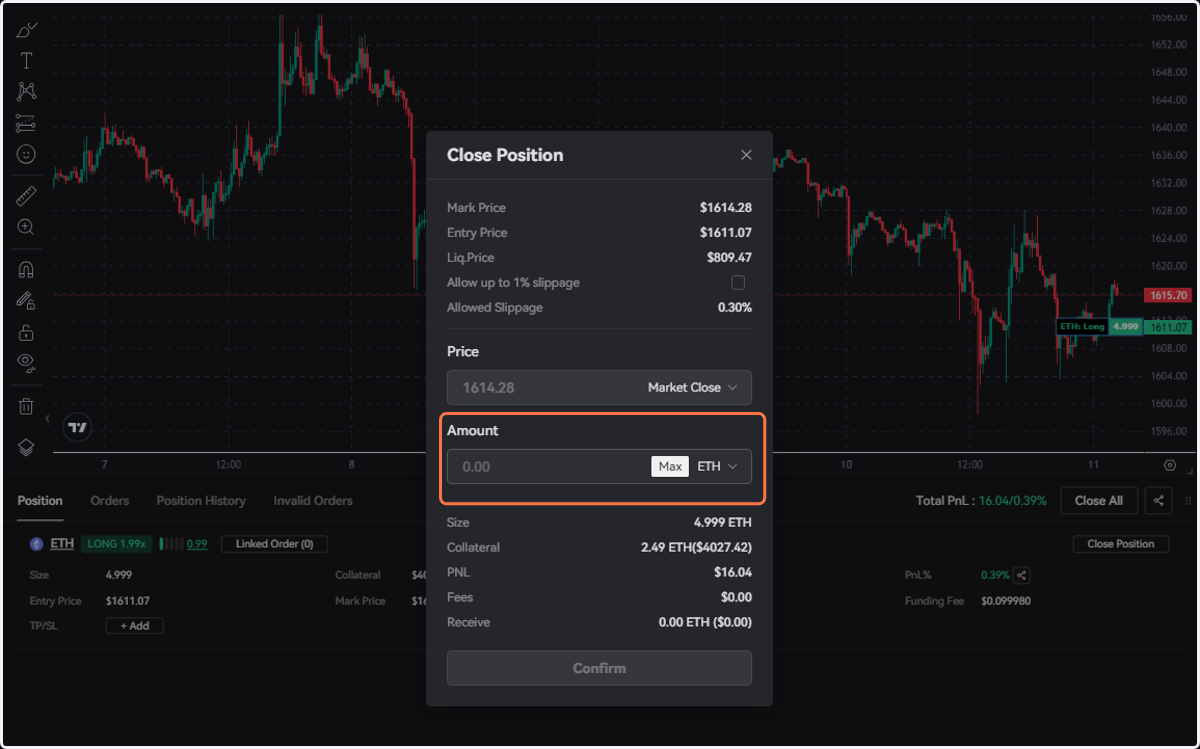 Key in an amount of positions you would like to close