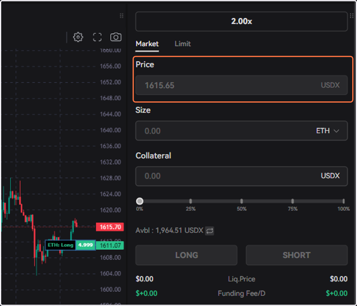 Market orders will be executed at the current market price. When placing a limit order, users will need to key in a specific price here