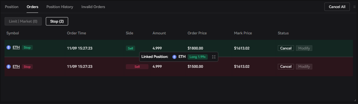 Unfilled orders and stop orders will be displayed under the "Orders" tab
