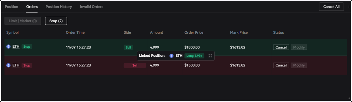 Unfilled orders and stop orders will be displayed under the "Orders" tab