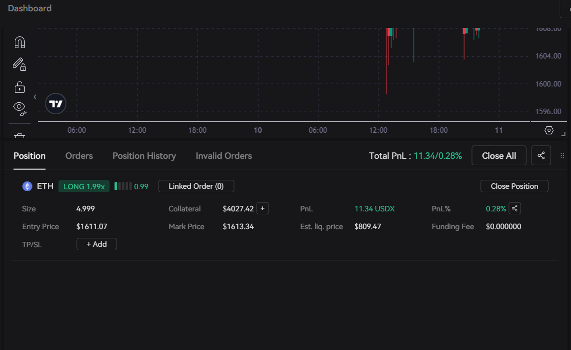 After opening a position, it will be displayed under the "Position" tab