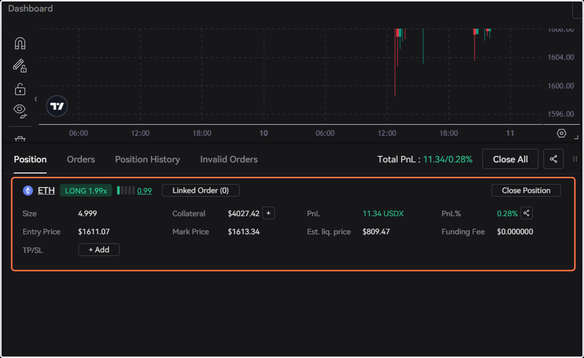 After opening a position, it will be displayed under the "Position" tab